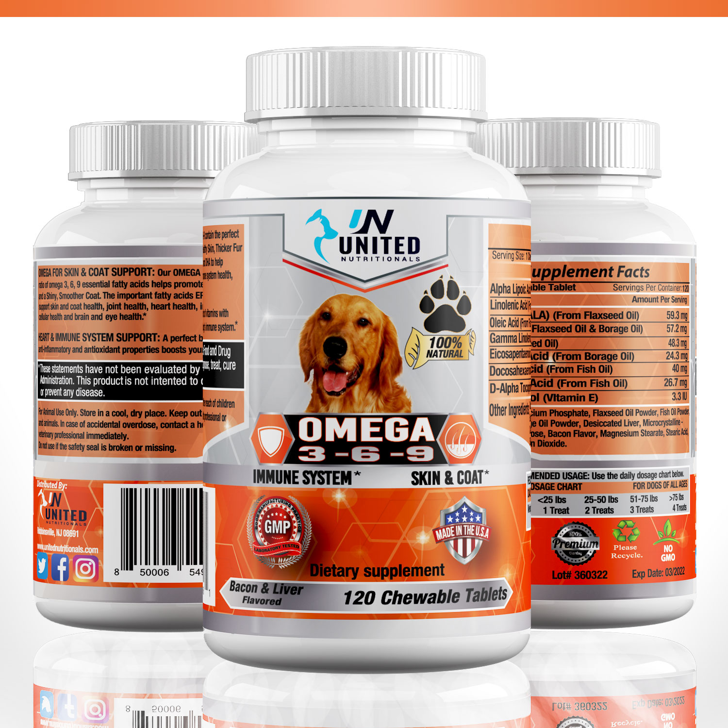 United Nutritionals Omega 3 6 9 for Dogs 60/120 Chewable Tablets.